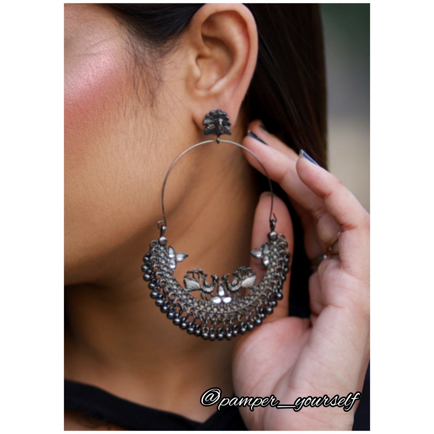 Triple jhumka hanging peacock stud Oxidized Silver earrings – Simpliful  Jewelry